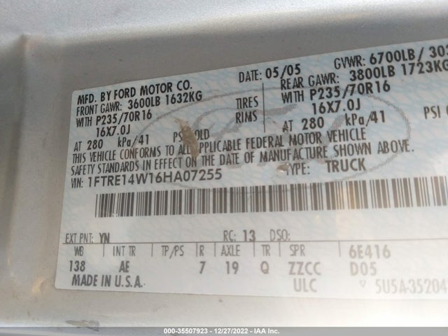 2006 FORD ECONOLINE CARGO VAN VIN: 1FTRE14W16HA07255