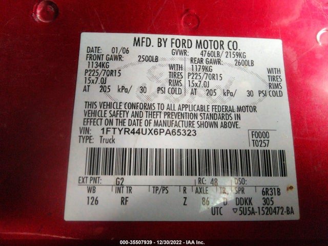 2006 FORD RANGER STX/XLT/SPORT VIN: 1FTYR44UX6PA65323