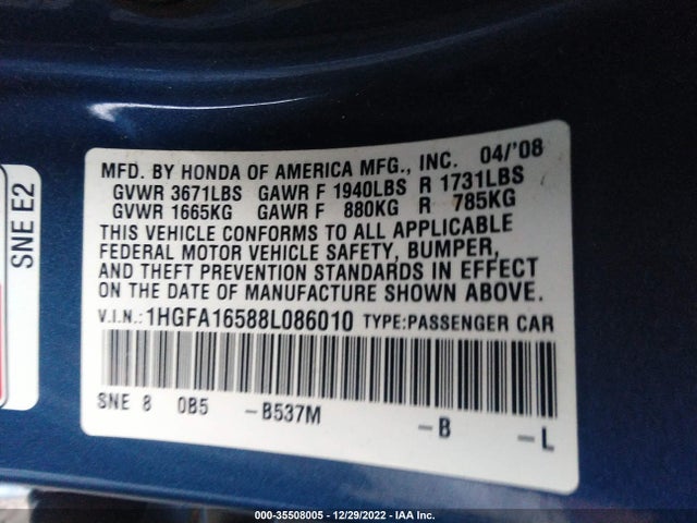 2008 HONDA CIVIC SDN LX VIN: 1HGFA16588L086010