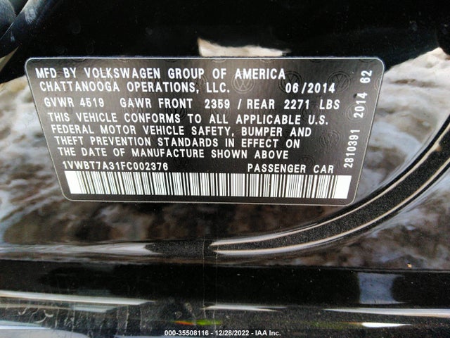 1VWBT7A31FC002376 Volkswagen Passat 1.8t Se