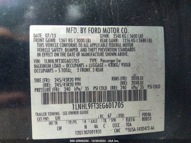 1LNHL9FT3EG601705 Lincoln Mks Ecoboost