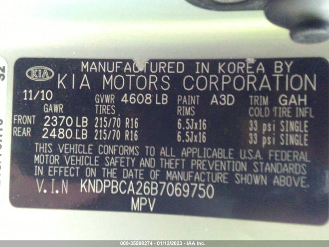 2011 KIA SPORTAGE LX VIN: KNDPBCA26B7069750