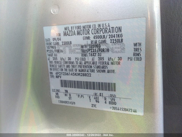 2005 MAZDA TRIBUTE S VIN: 4F2YZ06145KM28822