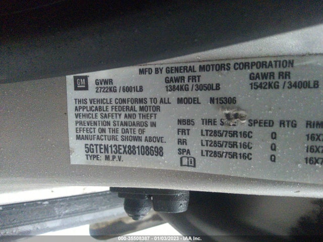 2008 HUMMER H3 SUV LUXURY VIN: 5GTEN13EX88108698