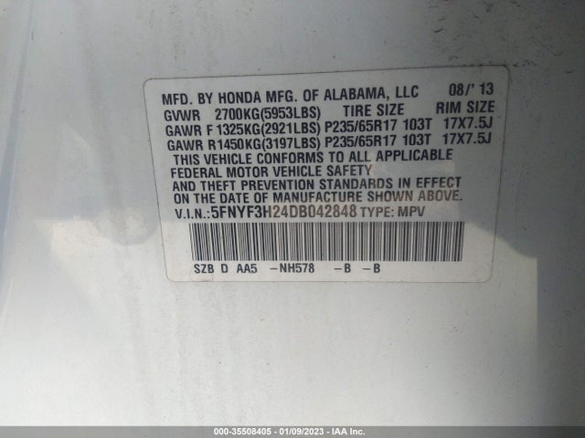 2013 HONDA PILOT LX VIN: 5FNYF3H24DB042848