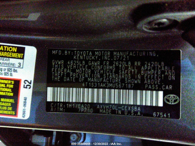 2021 Toyota Camry, VIN: 4T1S31AK3MU567187