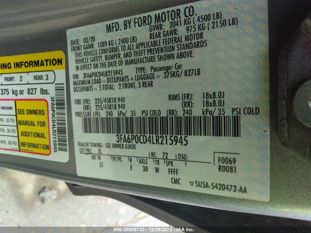 2020 FORD FUSION SEL VIN: 3FA6P0CD4LR215945