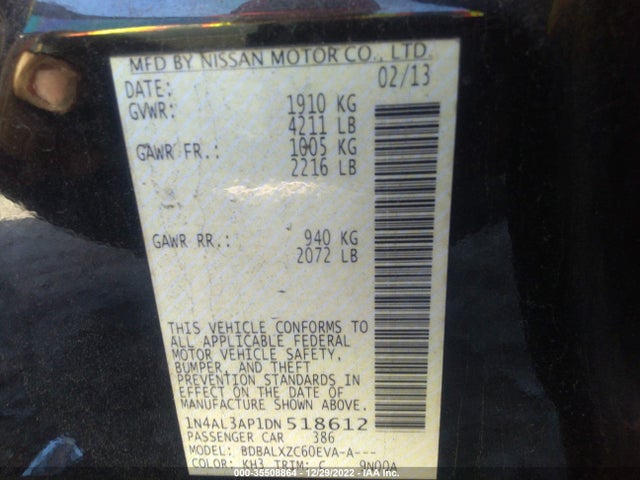2013 NISSAN ALTIMA 2.5 SL VIN: 1N4AL3AP1DN518612