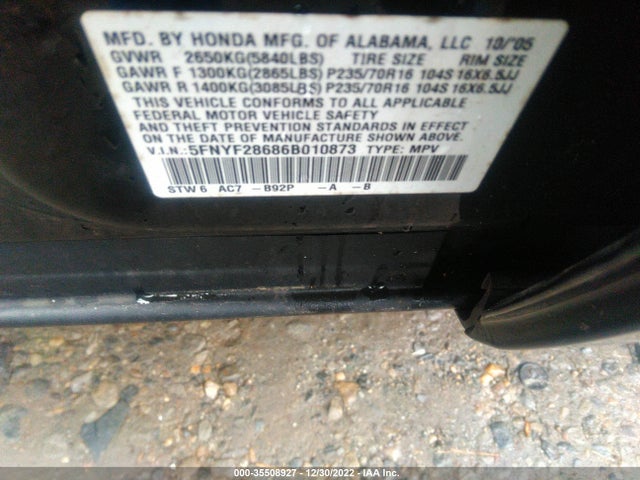 2006 HONDA PILOT EX-L WITH RES VIN: 5FNYF28686B010873