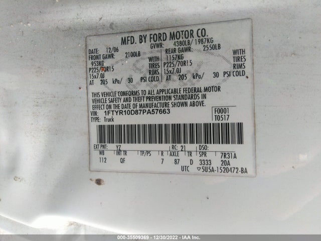 2007 FORD RANGER XL/STX/XLT VIN: 1FTYR10D87PA57663