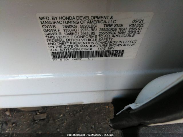 5J8YE1H89NL016208 Acura Mdx W/advance Package