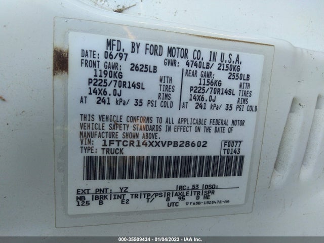 1997 FORD RANGER XLT/SPLASH VIN: 1FTCR14XXVPB28602