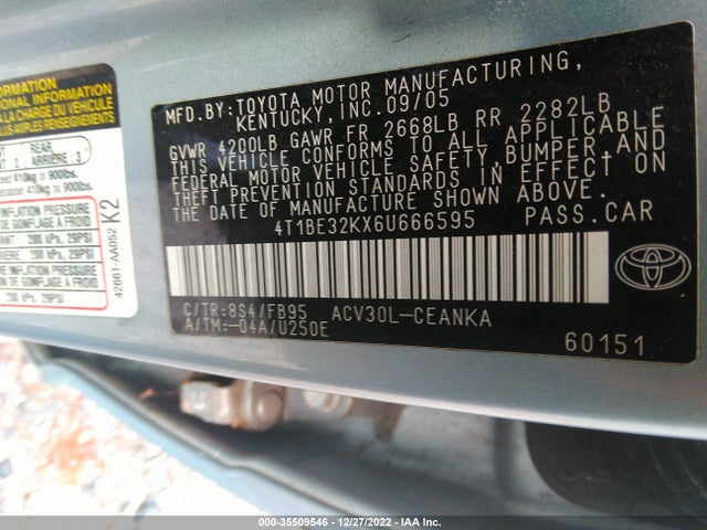 2006 TOYOTA CAMRY STD/LE/SE/XLE VIN: 4T1BE32KX6U666595