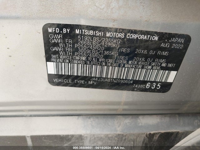JA4J3UA81NZ090604 Mitsubishi Outlander Black Edition 2wd/se 2.5 2wd/se Launch Edition 2wd