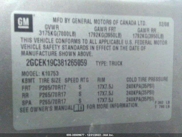 2008 CHEVROLET SILVERADO 1500 WORK TRUCK VIN: 2GCEK19C381265059