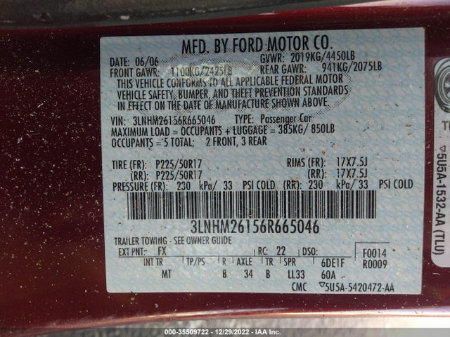 Lincoln Zephyr 2006 3LNHM26156R665046 Image 10