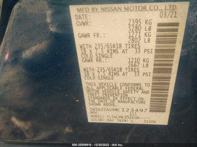 2021 Nissan Murano, VIN: 5N1AZ2AS4MC123497