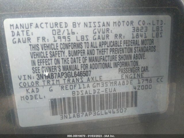 3N1AB7AP3GL646507 Nissan Sentra Sr/sl/s/sv/fe+ S