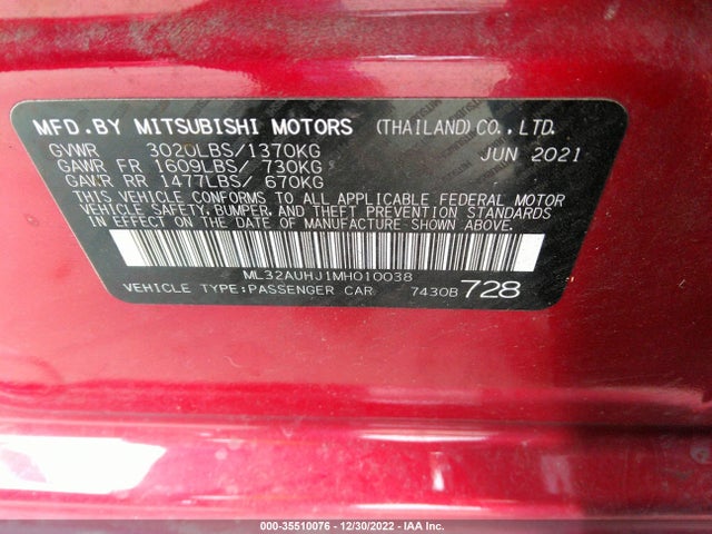 2021 Mitsubishi Mirage, VIN: ML32AUHJ1MH010038