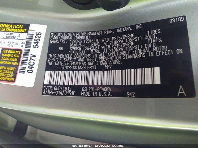 2010 TOYOTA SIENNA XLE VIN: 5TDYK4CC1AS306813