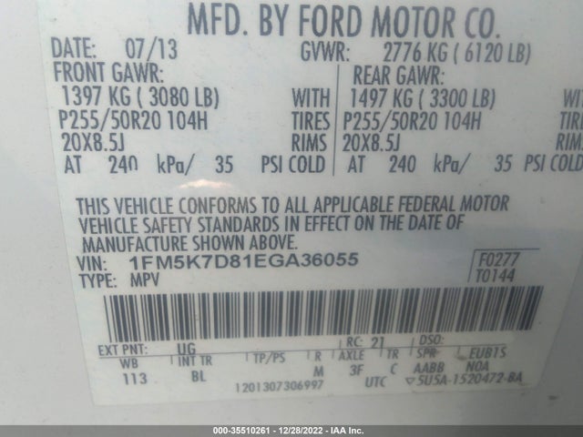 2014 FORD EXPLORER XLT VIN: 1FM5K7D81EGA36055