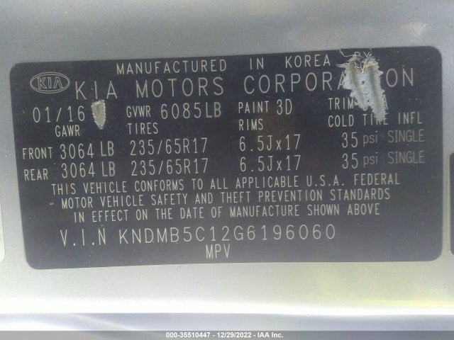 2016 KIA SEDONA LX VIN: KNDMB5C12G6196060
