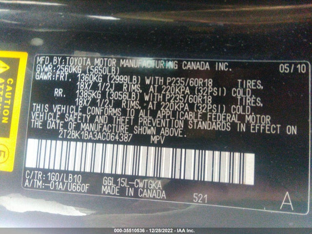 2T2BK1BA3AC064387 Lexus RX 350