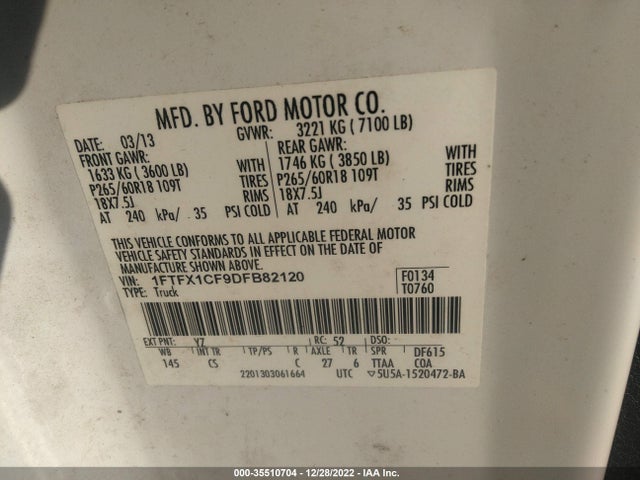 2013 FORD F-150 XL/STX/XLT/FX2/LARIAT VIN: 1FTFX1CF9DFB82120