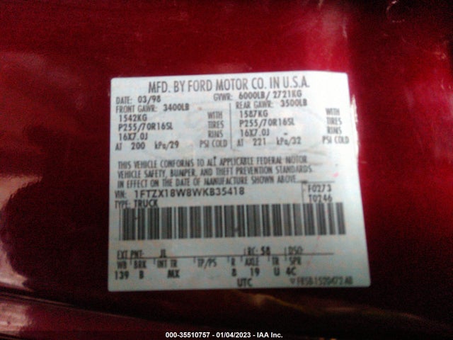 1998 FORD F-150 VIN: 1FTZX18W8WKB35418