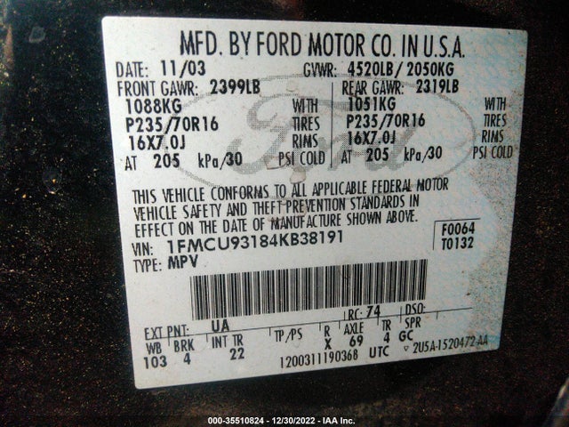 2004 FORD ESCAPE XLT VIN: 1FMCU93184KB38191