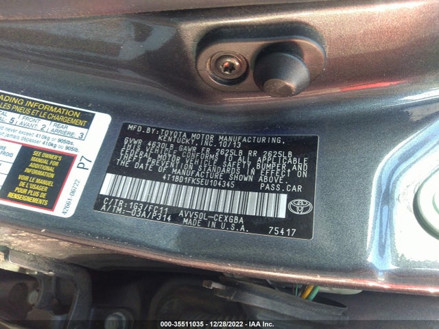 2014 TOYOTA CAMRY HYBRID VIN: 4T1BD1FK5EU104345