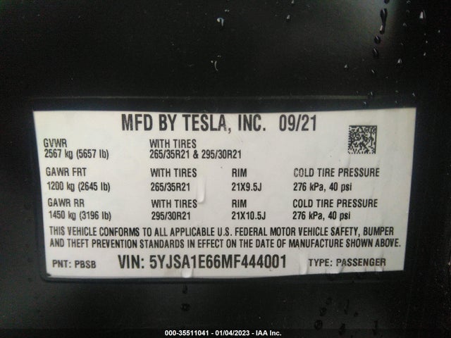 2021 Tesla Model S, VIN: 5YJSA1E66MF444001