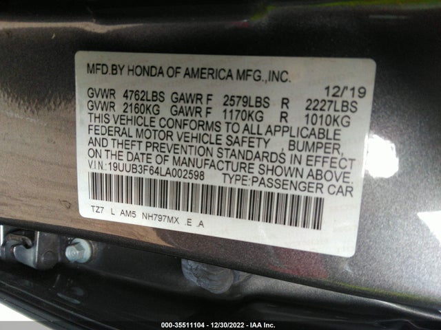 2020 ACURA TLX W/A-SPEC PKG VIN: 19UUB3F64LA002598