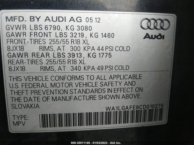 2012 AUDI Q7 3.0T PREMIUM PLUS VIN: WA1LGAFE9CD010275