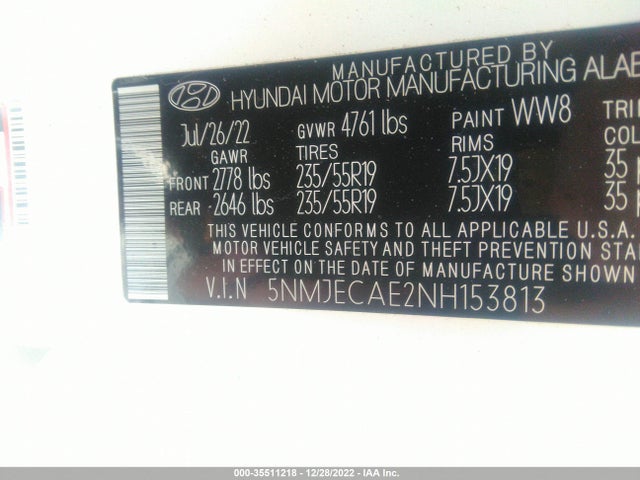 2022 HYUNDAI TUCSON LIMITED VIN: 5NMJECAE2NH153813