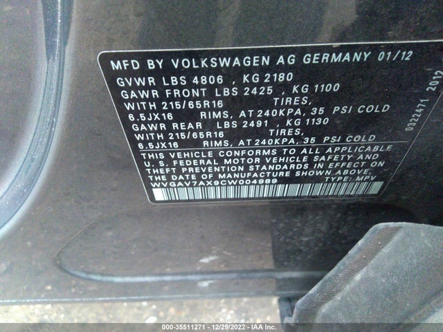 2012 VOLKSWAGEN TIGUAN S VIN: WVGAV7AX9CW004989