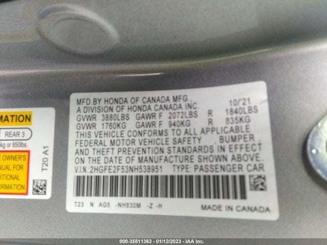 2022 HONDA CIVIC VIN: 2HGFE2F53NH538951