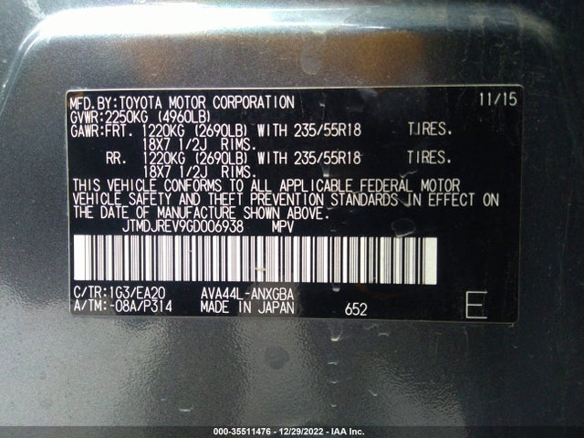 2016 TOYOTA RAV4 HYBRID LIMITED VIN: JTMDJREV9GD006938