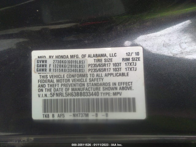 2011 HONDA ODYSSEY EX-L VIN: 5FNRL5H63BB033440