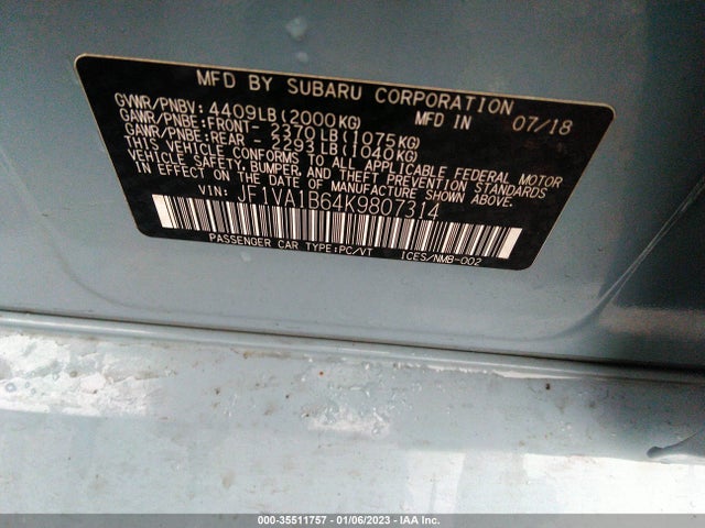 2019 Subaru WRX, VIN: JF1VA1B64K9807314