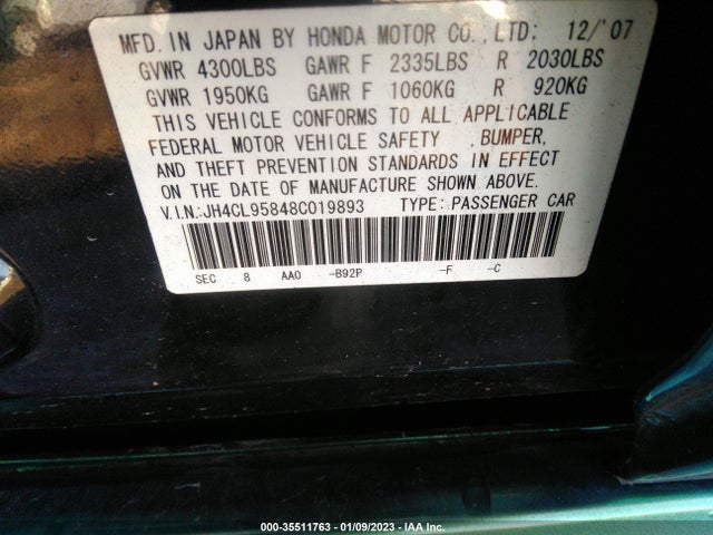 2008 ACURA TSX VIN: JH4CL95848C019893