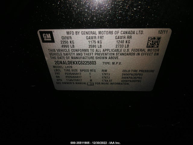 2012 CHEVROLET EQUINOX LT W/1LT VIN: 2GNALDEKXC6225803