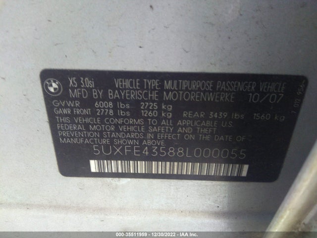 2008 BMW X5 3.0SI VIN: 5UXFE43588L000055