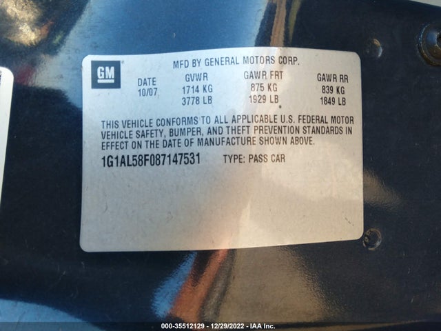 2008 CHEVROLET COBALT LT VIN: 1G1AL58F087147531