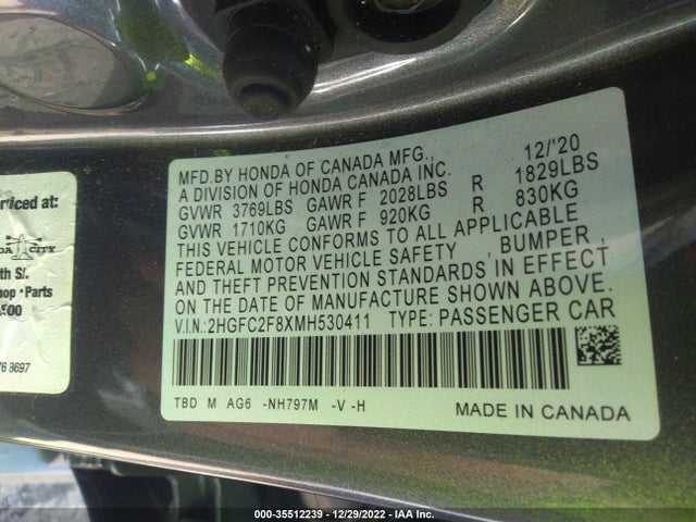 2021 HONDA CIVIC SEDAN SPORT VIN: 2HGFC2F8XMH530411