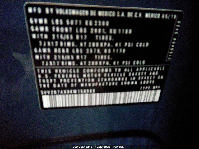 3VV2B7AX9KM158989 Volkswagen Tiguan Se/sel/sel R-line