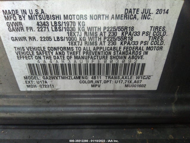 4A4AR3AU9FE003092 Mitsubishi OUTLANDER SPORT