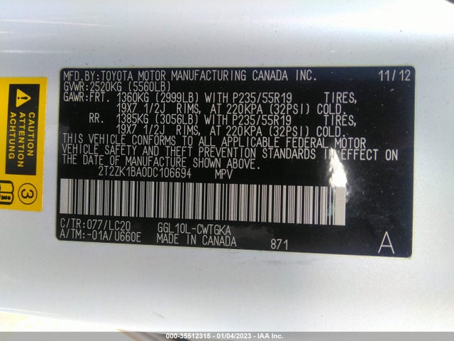 2T2ZK1BA0DC106694 Lexus RX 350