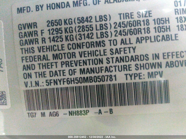 2021 HONDA PILOT EX-L VIN: 5FNYF6H50MB050781