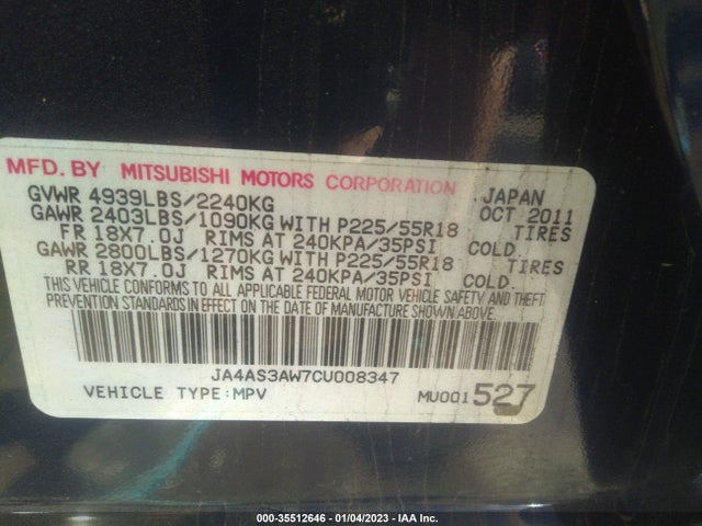 JA4AS3AW7CU008347 Mitsubishi Outlander Se
